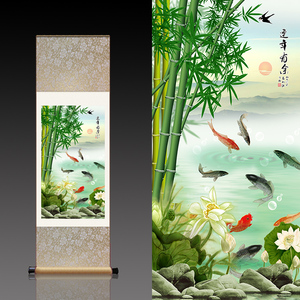 风水画荷花 span class=h>九鱼图 /span>丝绸画挂画卷轴画条幅字画 