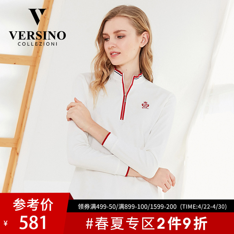 versino/梵思诺长袖T恤女2018秋季新款女装棉针织衫立领休闲上衣