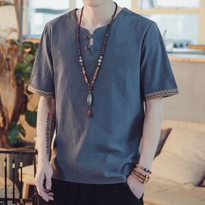 中年男士夏季亚麻短袖T恤薄款爸爸装中老年人