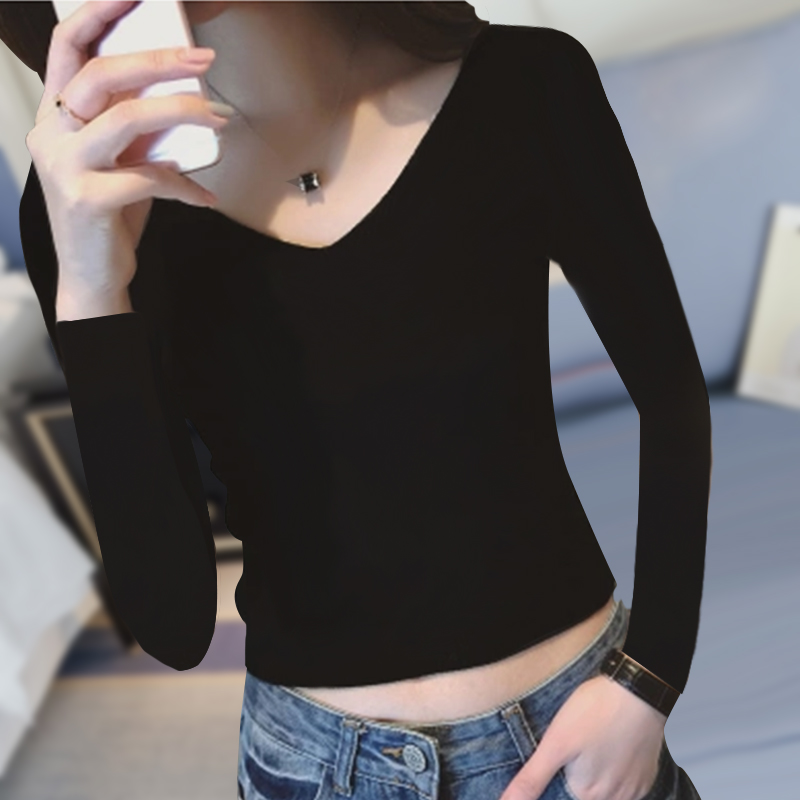 短款打底衫女长袖秋冬百搭漏肚脐黑色t恤高腰露脐装紧身上衣纯棉