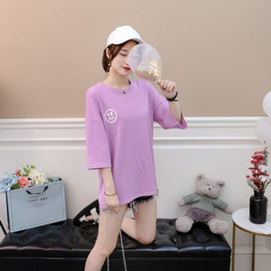 纯棉女装t恤个性条纹拼接露肩非主流宽松大码