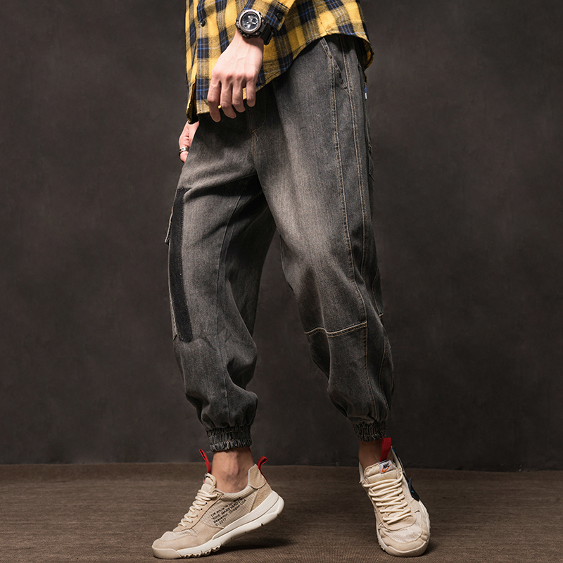 牛仔裤男潮牌工装哈伦裤水洗大码日系复古束脚裤秋冬款宽松裤子男
