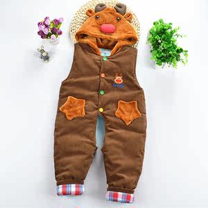 宝宝连体棉裤冬开档婴儿棉裤0-1岁宝宝背带裤秋冬婴儿开档带帽冬