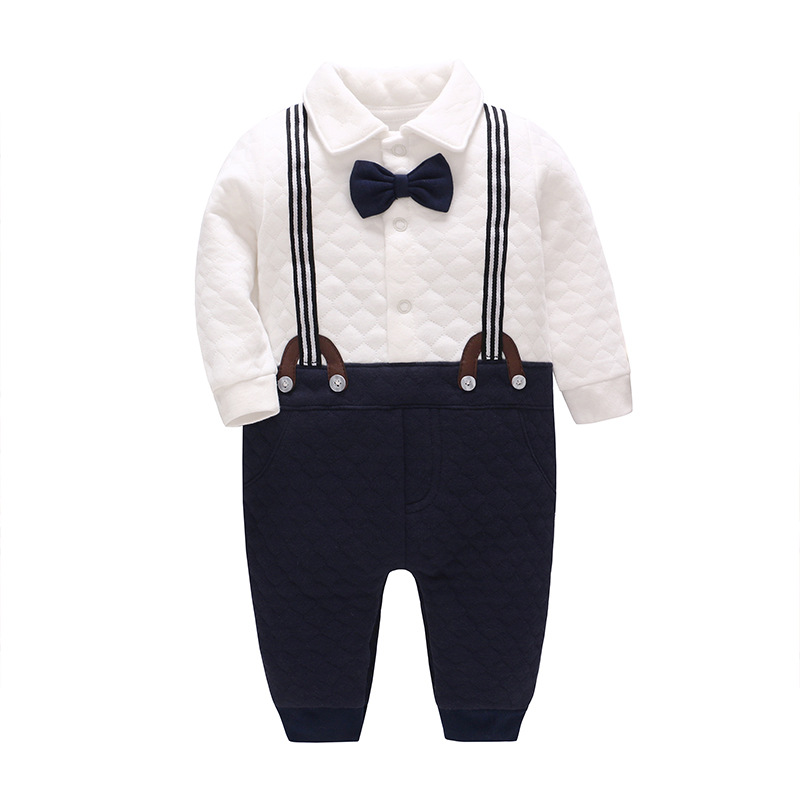 爱婴岛婴童装宝宝周岁礼服背带裤领结绅士婴儿夹棉加厚连体衣爬服