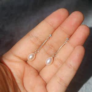 橘粉色天然淡水 span class=h>珍珠 /span>长款吊坠耳钉 简约气质款真