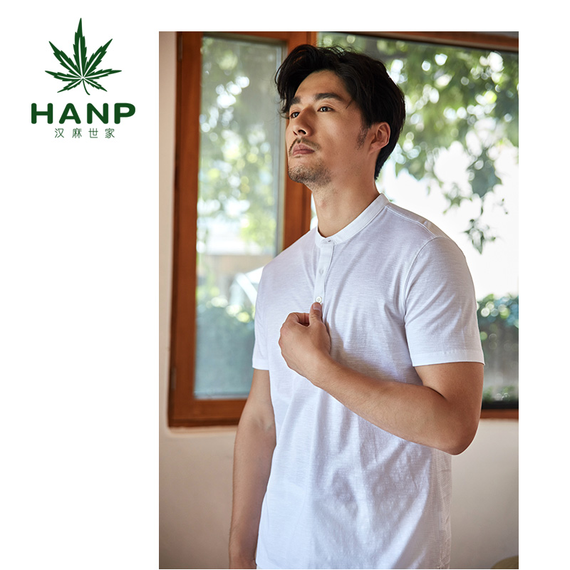 Hanp/汉麻世家时尚棉麻春夏体恤立领短袖男t黑色休闲T恤宽松白色