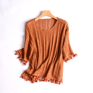 秋季新款针织衫流苏套头上衣钩花毛线衫女多色宽松打底衫弹力毛衣