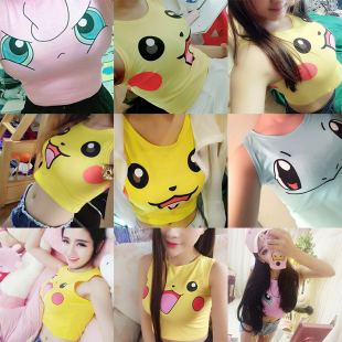 皮卡丘背心女夏季外穿露脐短款可爱卡通3d表情黄色ulzzang吊带女
