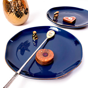 深邃夜空望月立体小金兔盘子 描金甜品盘 3d金边餐盘 家用餐盘子