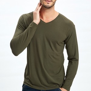 男士长袖t恤纯色v领圆领竹纤维打底衫宽松秋冬季上衣服