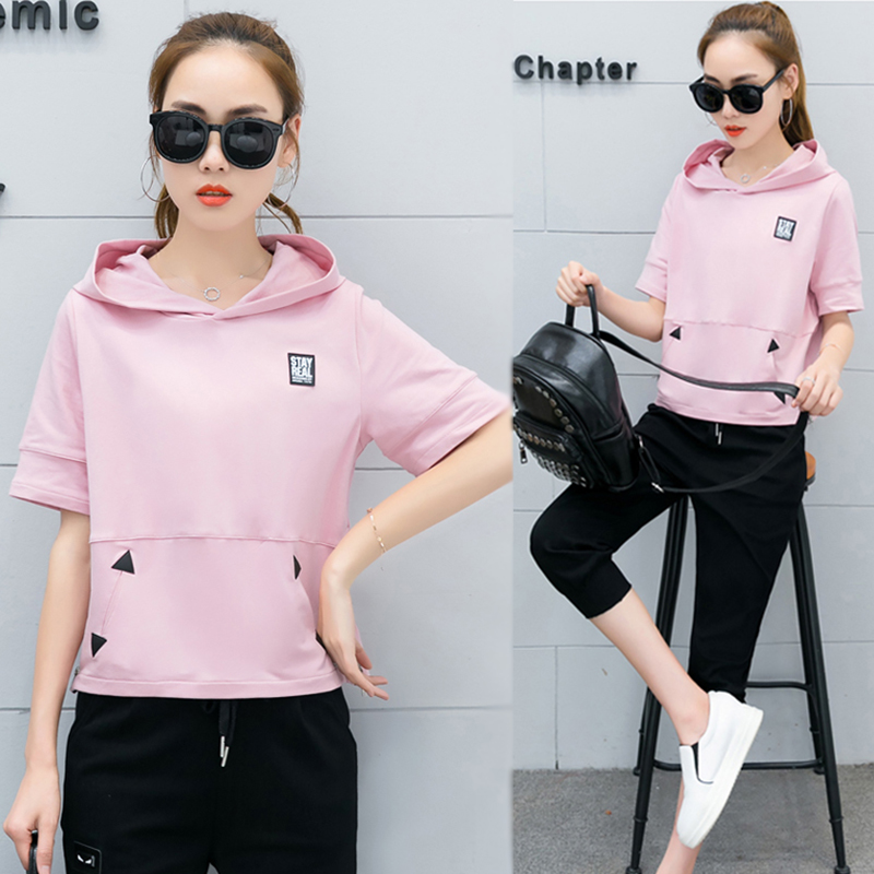 2017夏装新款少女装连帽套头卫衣运动套装女薄款中学生短袖七分裤