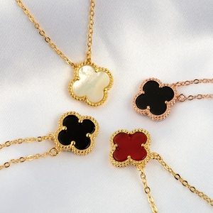 奥米迪奥黑色四叶草项链女锁骨链镀18k玫瑰金日韩时尚吊坠女
