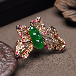 喜适珠宝 缅甸玉翡翠a货吊坠 18k金镶嵌满绿阳绿蝴蝶挂件戒指两用