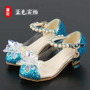 女童凉鞋高跟公主鞋夏季儿童水晶鞋透明水钻蓝