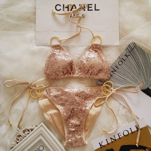 欧美性感比基尼泳衣女亮片blingbling大胸小胸沙滩度假泳装