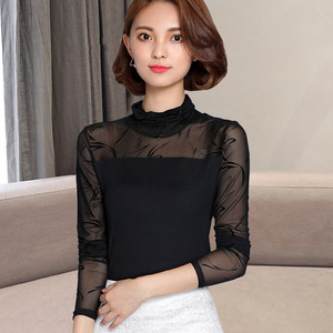 透明蕾丝衫女装长袖透视性感高领修身镂空纱衣内搭网纱打底上衣薄
