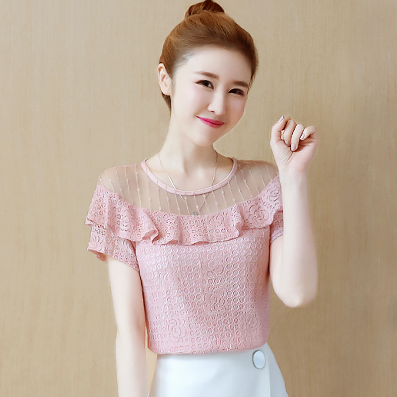 雪纺衫女短袖2018新款夏装飘逸上衣超仙甜美洋气露肩网纱上衣蕾丝