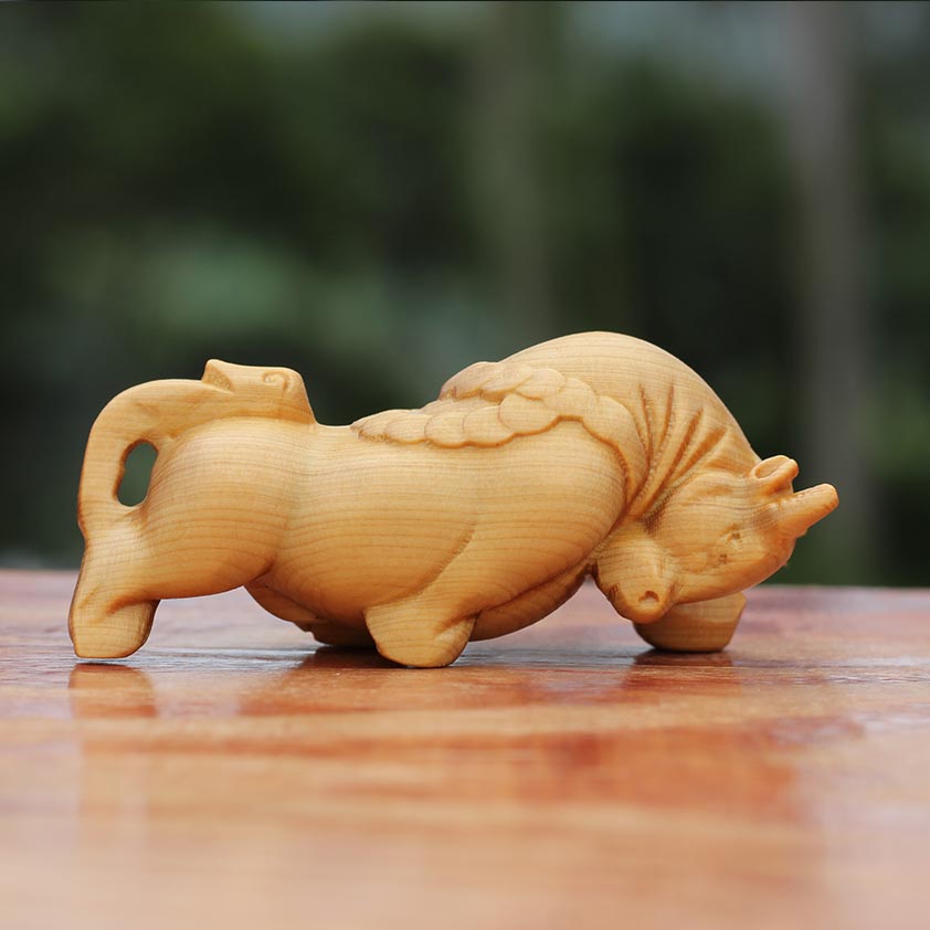 诚信木雕崖柏木雕手把件牛气冲天 生肖牛实木木质工艺品小件礼品