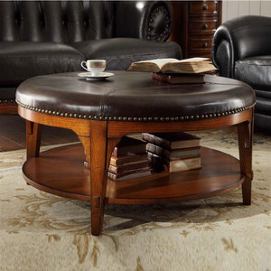 美式实木小户型小圆桌复古组装橡木 span class=h>茶几 /span>真皮大