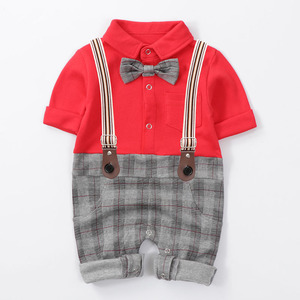 新生婴儿连体衣服春秋红色背带绅士满月百天宝宝周岁 span class=h>