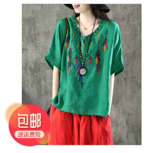 【女麻料上衣短袖宽松亚麻棉价格】最新女麻料