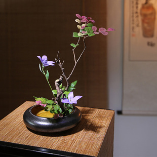 中式插花茶席小花器复古陶瓷禅意花盘花盆日式花道插花器皿送剑山