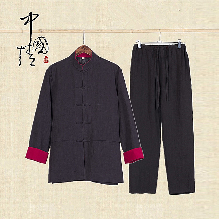 品牌名牌唐装男长袖套装 春秋亚麻中式上衣长裤两件套 中国风盘扣