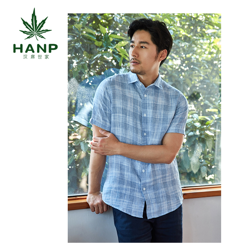 Hanp/汉麻世家格子短袖男亚麻休闲男衬衫时尚青年衬衣宽松浅蓝色