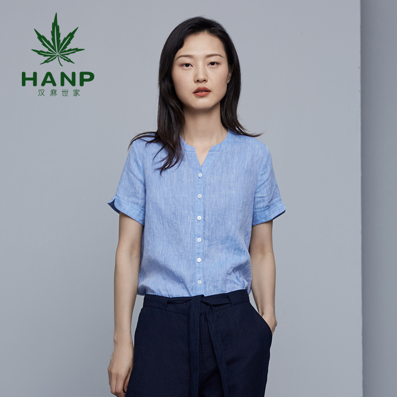 Hanp/汉麻世家立领短袖衬衫女装亚麻舒适上衣休闲衬衣秋新品