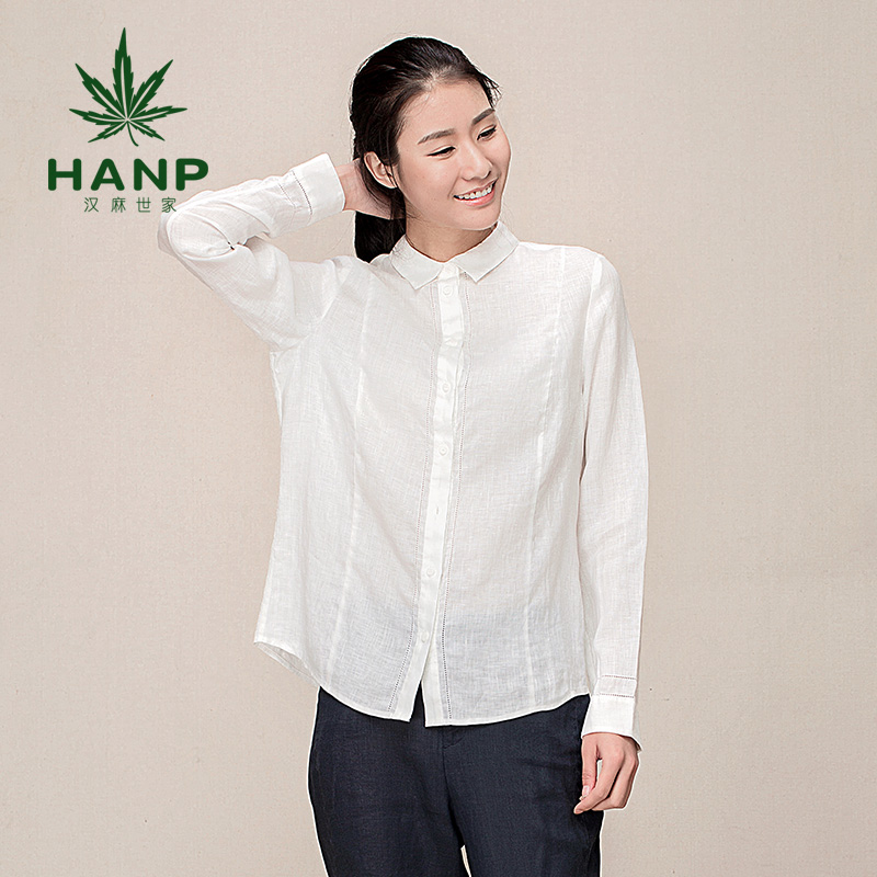 Hanp/汉麻世家亚麻女中长款白女长袖衬衫方领常规款简约白色衬衣