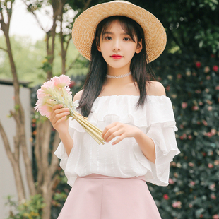 松紧一字肩雪纺衫女夏2018新款韩版小清新宽松学生荷叶边漏肩上衣