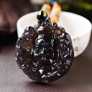 开光 天然冰种黑曜石钟馗吊坠 驱除小鬼邪魔小人的大将钟馗项链 い