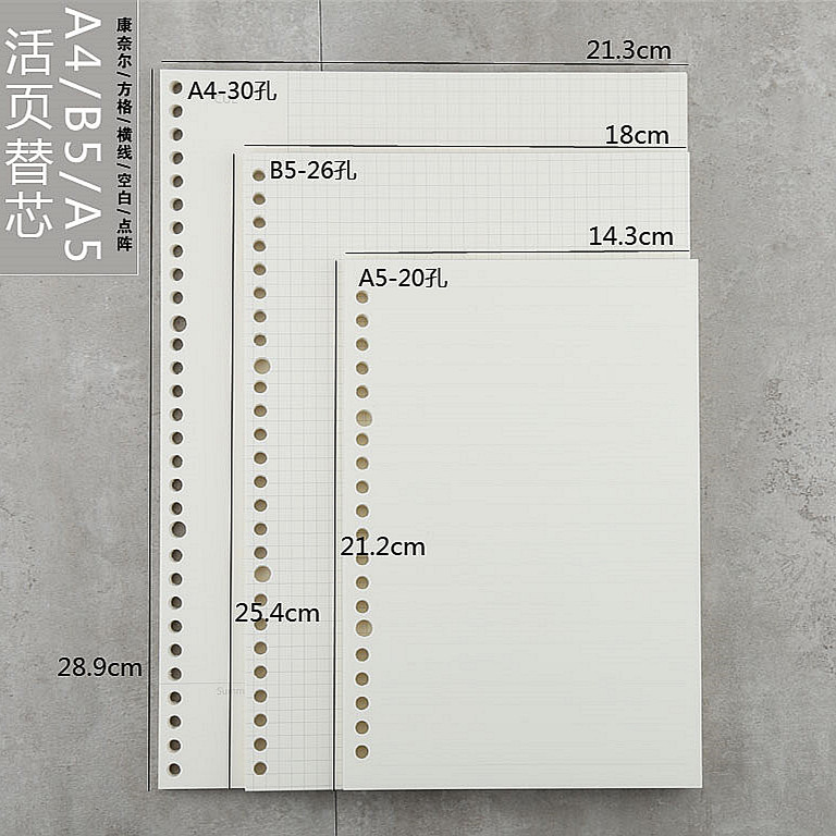 a4/30孔 b5/26孔 a5/20孔 活页本 替芯 内页 康奈尔方格横线本子