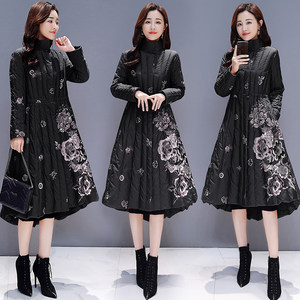 2018冬季新款女复古民族风长款棉麻印花夹棉