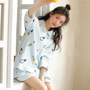 日系纯棉女士 span class=h>睡衣 /span>甜美少女夏季薄款七分袖短裤