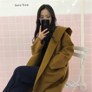 妮子大衣带帽子女秋冬新款戴帽呢子个性妮子外套女 翻领连帽毛呢