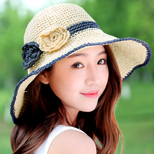 帽子女夏天手工编织草帽时尚花朵大沿可折叠防晒遮阳帽沙滩凉帽