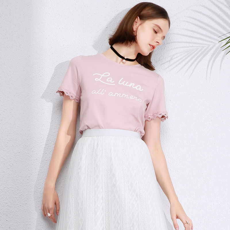 百图2019夏季新款粉色短袖T恤女装韩版甜美圆领百搭字母印花t恤