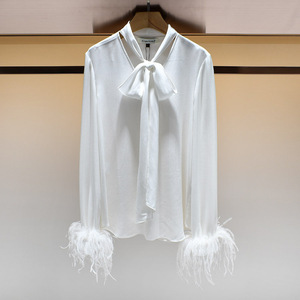 欧洲站2018秋季女装流苏长袖ol职业飘带白色衬衫上衣女 k1400401