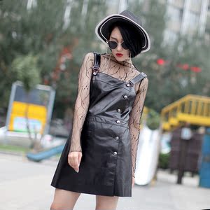 2017秋新款绵羊皮真皮皮衣女连衣裙无袖中长款吊带背带修身海宁