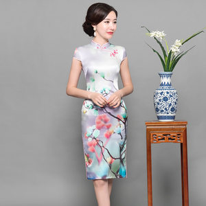 杭州真丝连衣裙中老年女装妈妈装旗袍桑蚕丝中