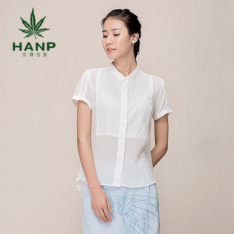 Hanp/汉麻世家白女纯棉 短袖女清新衬衣修身通勤透气休闲衬衫简约