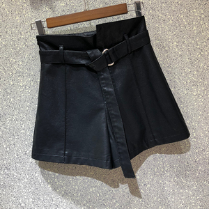 欧洲站黑色皮短裤女2018秋冬新款高腰显瘦百搭阔腿裤pu span class=h>