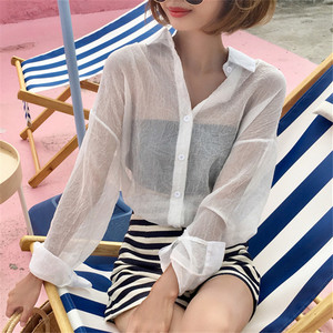 2018夏新款白色性感透视衬衫女长袖透明上衣褶皱防晒衫宽松雪纺衫