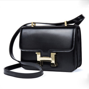 包邮2018新款牛皮亮面空姐包h扣链条小方包真皮单肩斜挎女包