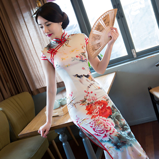 2017民族风改良真丝旗袍长款夏季优雅修身大码显瘦走秀旗袍演出服