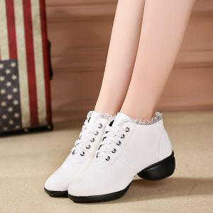 白色连底爵士舞鞋软底中跟系带春夏天单鞋女式广场舞蹈鞋现代舞鞋