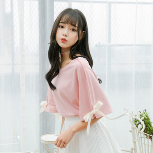 女生开学季衣服可爱女装2018夏装新款甜美蝴蝶结萌系软妹上衣t恤