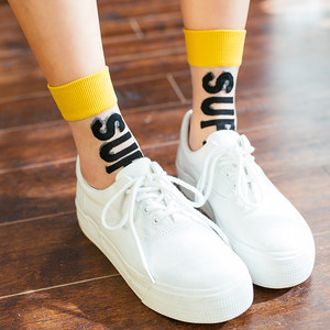 春夏超薄透明水晶玻璃丝字母袜子女中筒韩国日系原宿纯棉学院潮袜