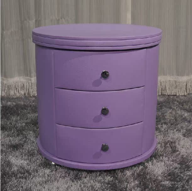 宜家家具3抽屉简约现代时尚实木框架床头柜子圆形皮艺储物柜特价